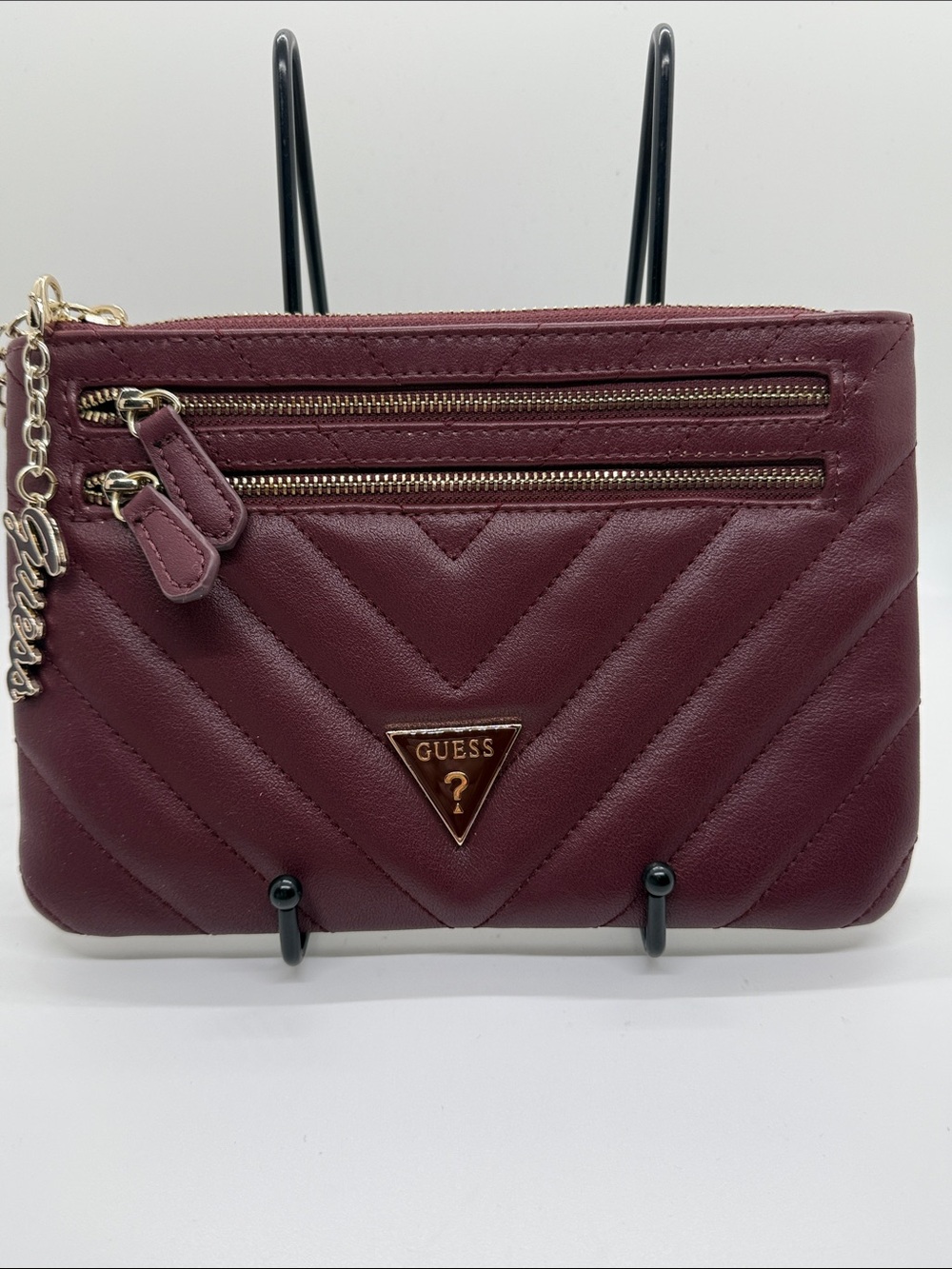 Women's GUESS Burgundy Chevron Quilted Pouch Handbag Gold Wrist Chain